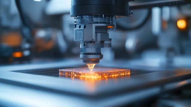 Laser head sinters metal powder bed with a glowing melt pool while forming a precision part.