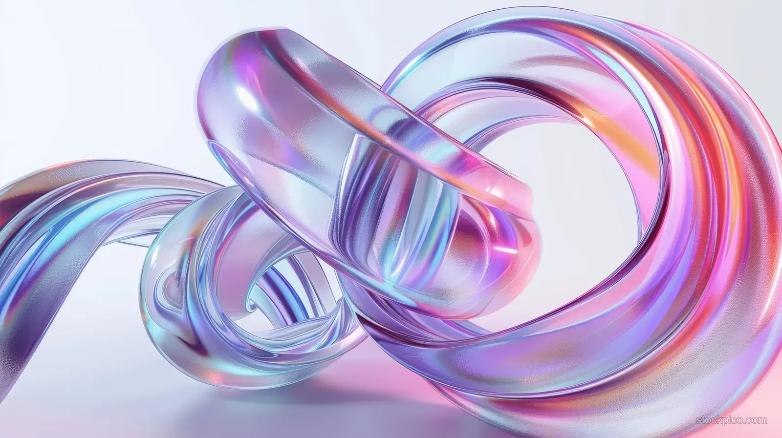 Iridescent twisted glass spiral rings rendered in 3D with prismatic reflections on a light background.