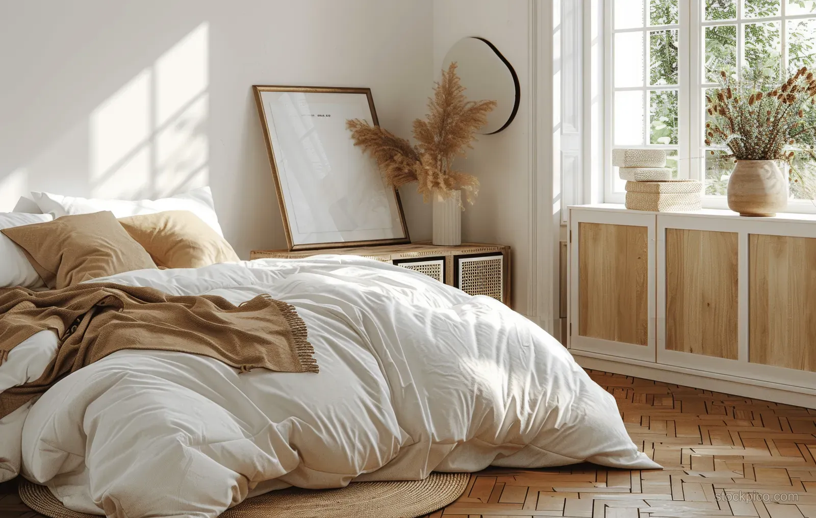 Boho coastal bedroom corner with a made bed, framed wall art, and sunlit wooden parquet floor.