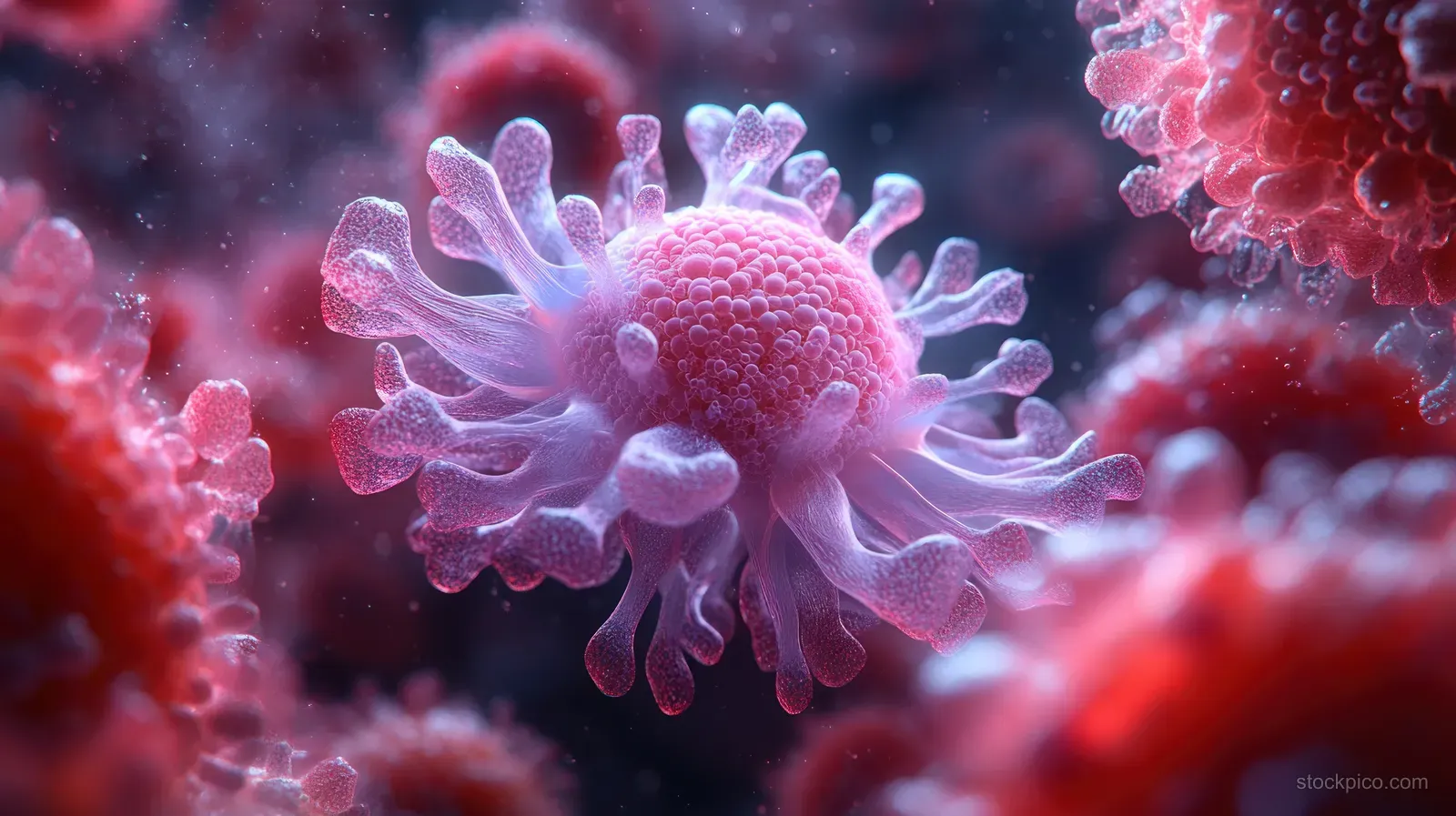 3D microscopic macrophage near virus particles with glowing cytokine signaling and red immune storm effects.