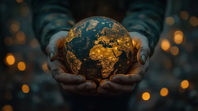 Hands hold a glowing Earth globe with warm bokeh lights behind it.