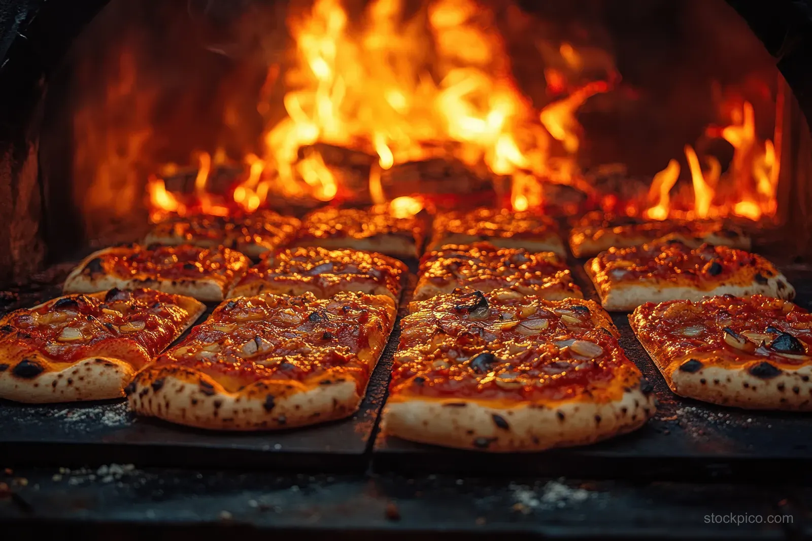 Pizzas bake on stone inside a wood-fired brick oven with visible flames and orange firelight.
