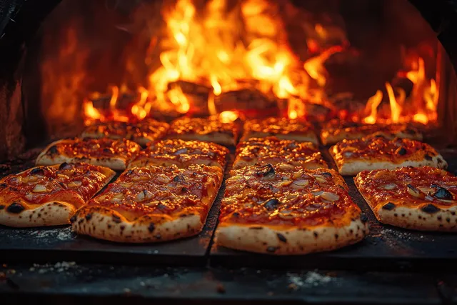 Wood-Fired Brick Oven Pizza Baking with Flames and Metal Shovel in Action