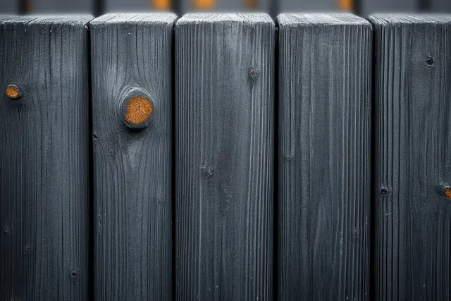 Dark charred wooden fence boards stand close together with ash stains around metal nails.