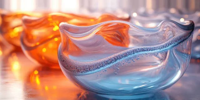 A backlit glass bowl contains swirling orange and blue liquid with sharp reflections against a blurred glow background.