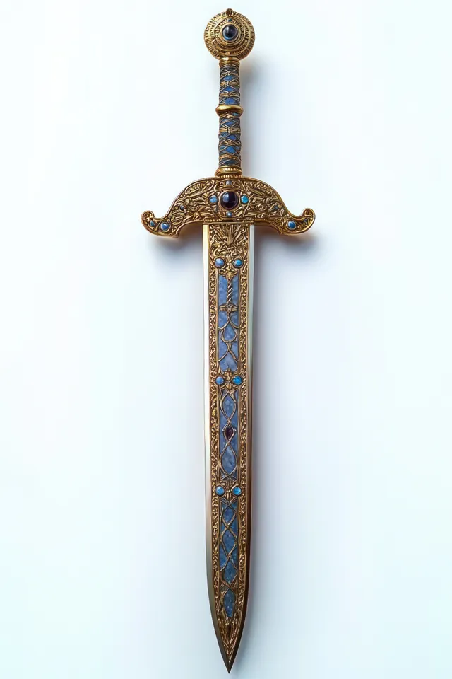 Decorative sword with gilded crossguard and blue gemstone inlays standing upright on a white background.