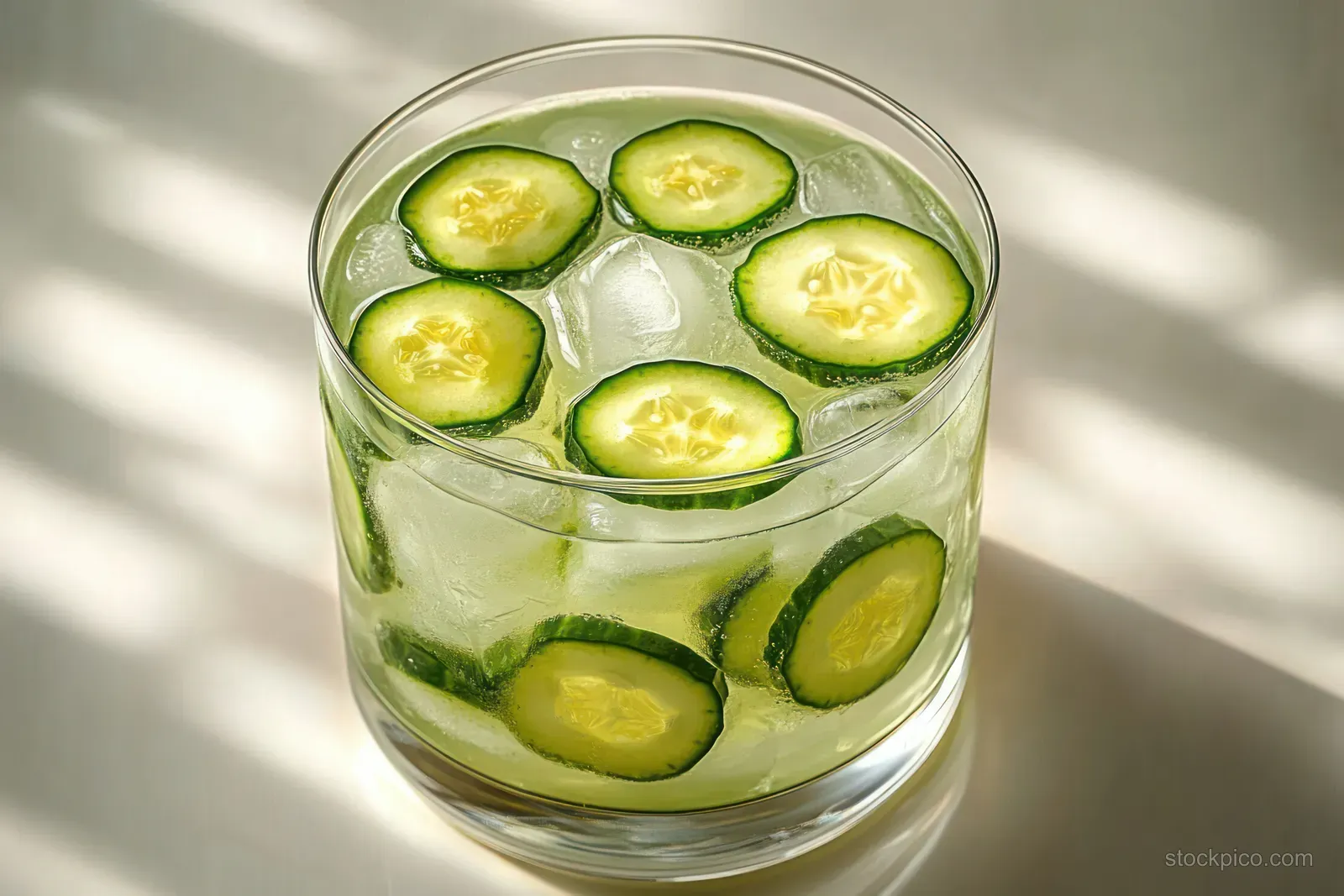 A round glass of clear iced water filled with fresh cucumber slices in bright natural sunlight.