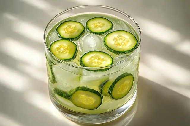 A round glass of clear iced water filled with fresh cucumber slices in bright natural sunlight.