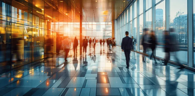 A modern corporate lobby features business professionals in motion, creating a dynamic and energetic atmosphere.