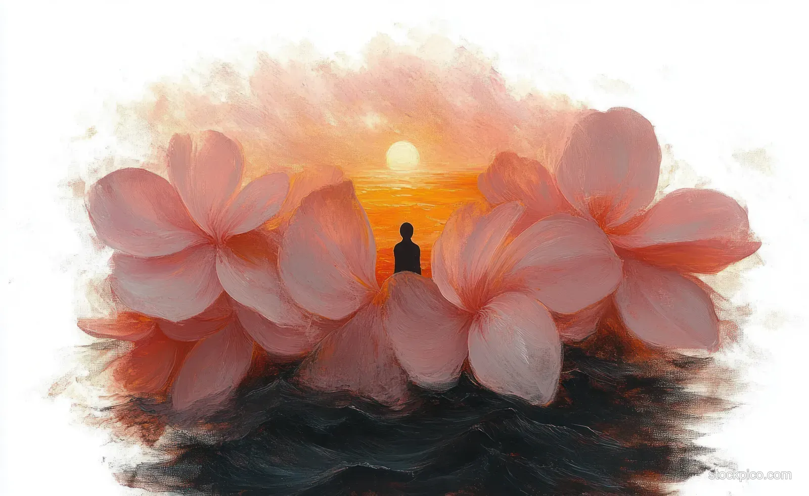 A meditating silhouette sits among large pink flowers while an orange sunset glows in the background.