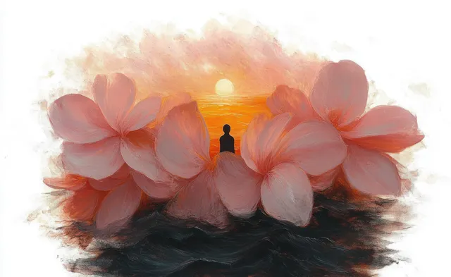 Silhouette meditating in soft pink flowers, orange sunset glow behind for calm reflection