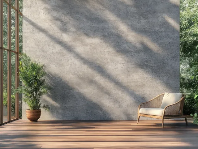 A wooden patio floor and concrete wall frame a lounge chair with a potted palm casting distinct sunlight shadows.