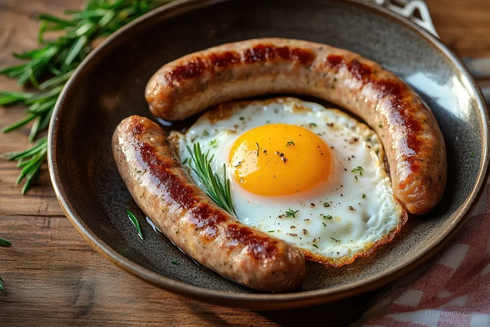 Two grilled sausages and a sunny-side-up egg with rosemary garnish in a rustic bowl on a wooden table.