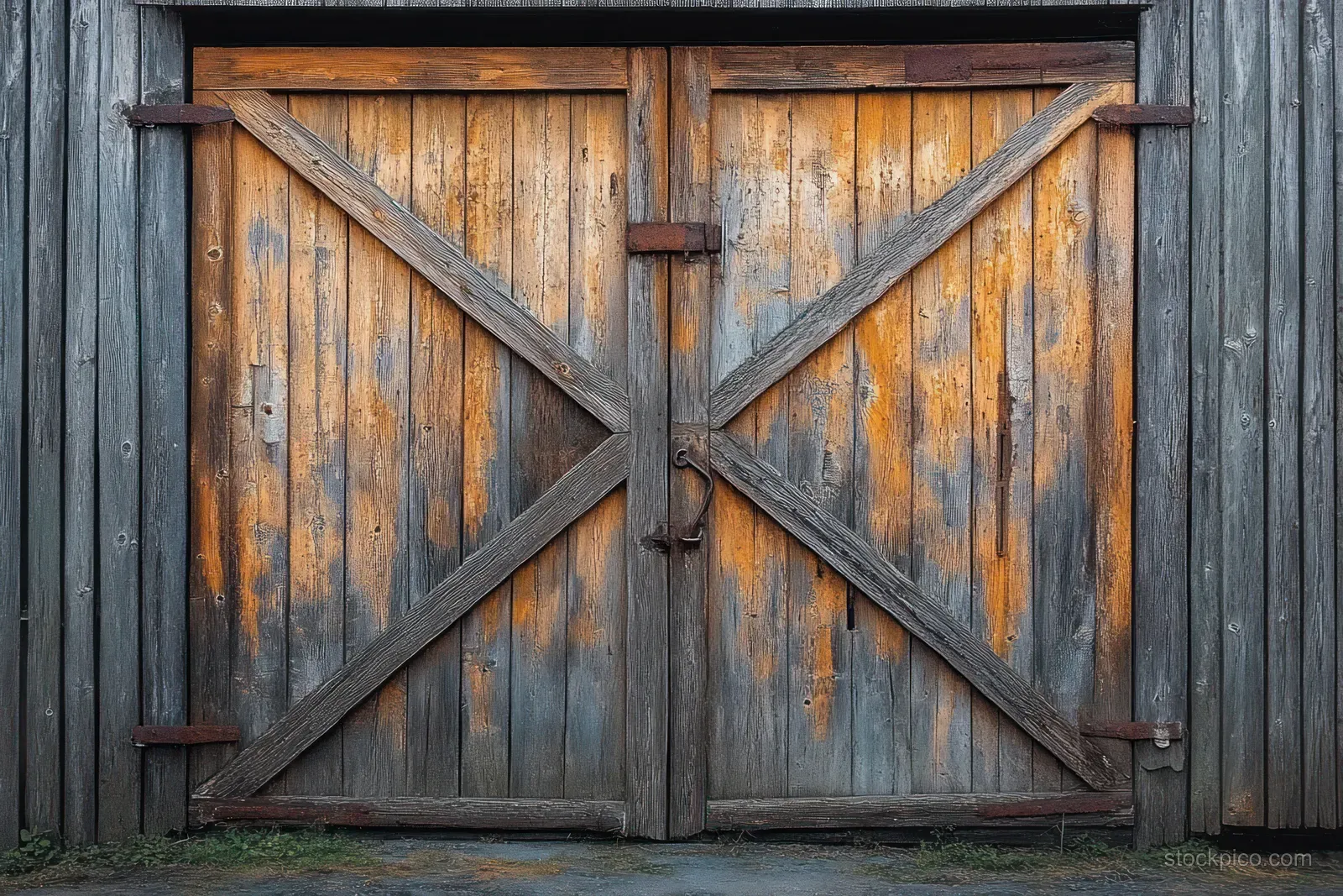 Weathered double wooden barn doors with diagonal braces and peeling orange-gray paint in soft natural light.