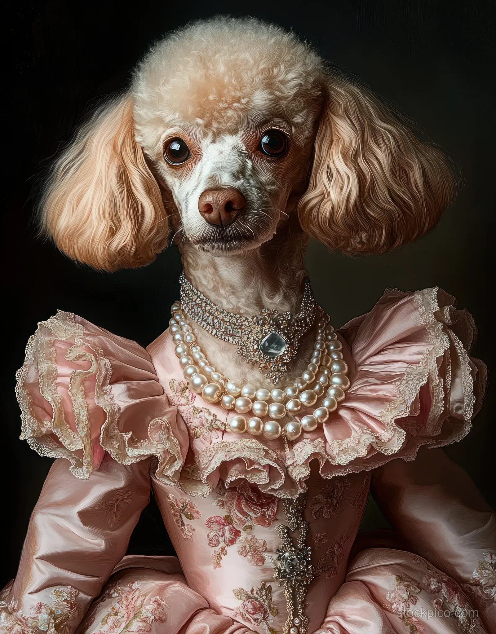 Small poodle wearing a pink ruffled lace dress and multiple pearl necklaces against a dark background.