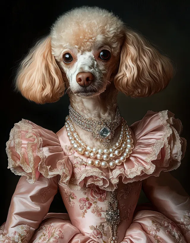 Small poodle wearing a pink ruffled lace dress and multiple pearl necklaces against a dark background.
