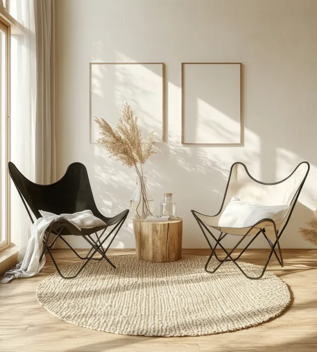 Two black butterfly chairs sit on a round rug beside a wood vase of dried flowers, lit by soft window sunlight.