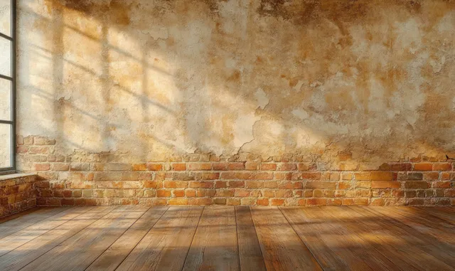 Cracked plaster and exposed brick wall with dusty wooden floorboards in an empty grunge room.