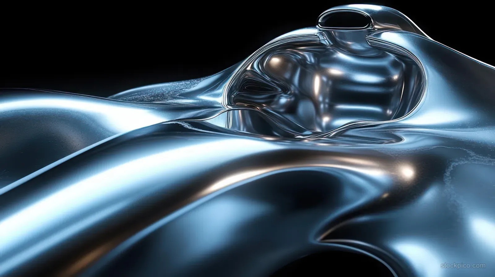 Liquid metal surface curls into smooth abstract waves with bright reflective blue highlights on a dark background.