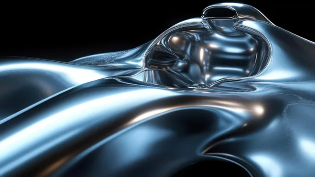 Liquid metal surface curls into smooth abstract waves with bright reflective blue highlights on a dark background.
