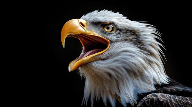 Screaming bald eagle close-up with open beak and white head isolated on a black background.