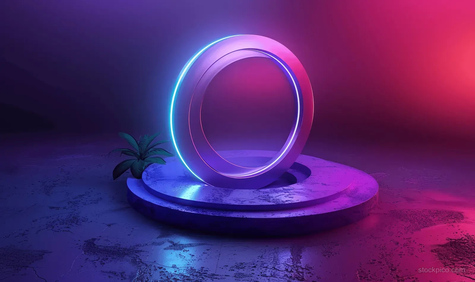 Neon purple ring on a pedestal glowing blue against a pink and purple gradient geometric background.