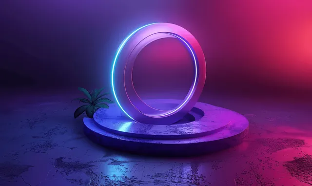 Purple and blue neon ring circle on pedestal with futuristic geometric light background