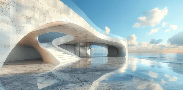 Empty concrete walkway curves toward a futuristic building entrance with glass panels under a blue sky.