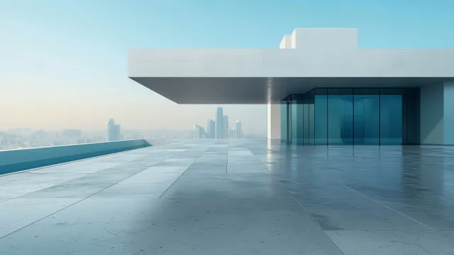 Minimalist concrete terrace beside modern glass building with panoramic city skyline at dusk