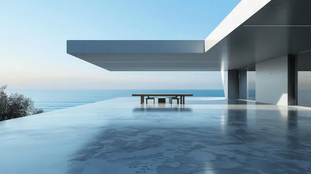 Minimalist modern building with an empty concrete terrace and long window shadows overlooking the sea.