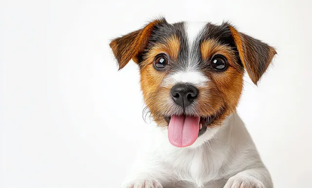 A small puppy with brown and white fur sticks out its tongue in a close-up portrait on a white background.