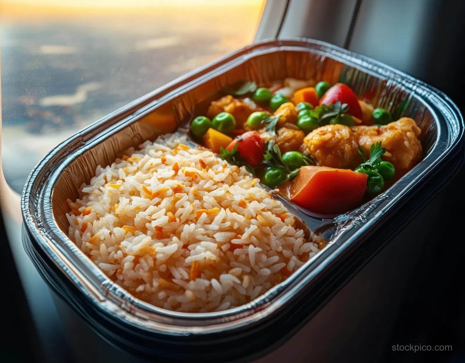 Foil airplane meal tray with rice and mixed vegetables placed by an aircraft window showing a sunset view.
