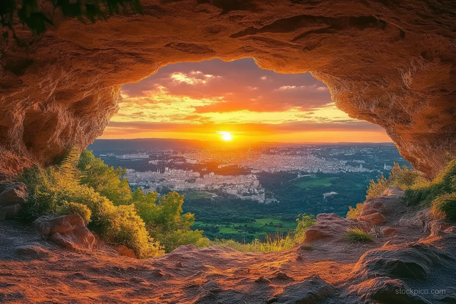 Sunset view from inside a rocky cave opening over Matera’s glowing cityscape and hills.
