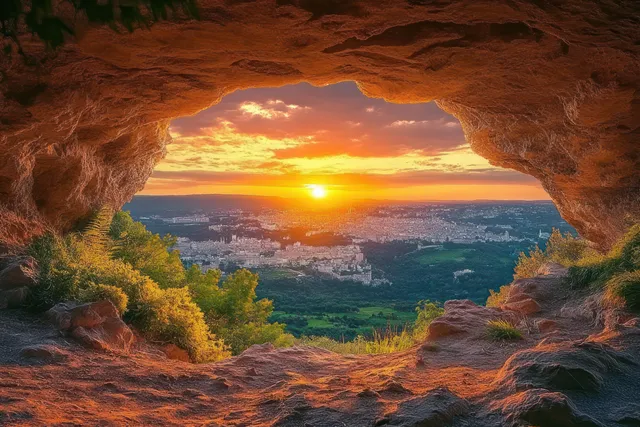 Sunset over Matera Italy cityscape framed by a cave opening and warm rock texture