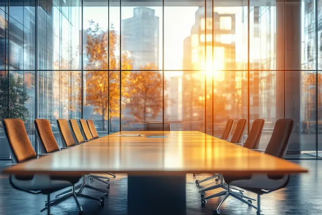 Empty boardroom with long table and chairs beside panoramic windows casting warm sunlight on the floor.