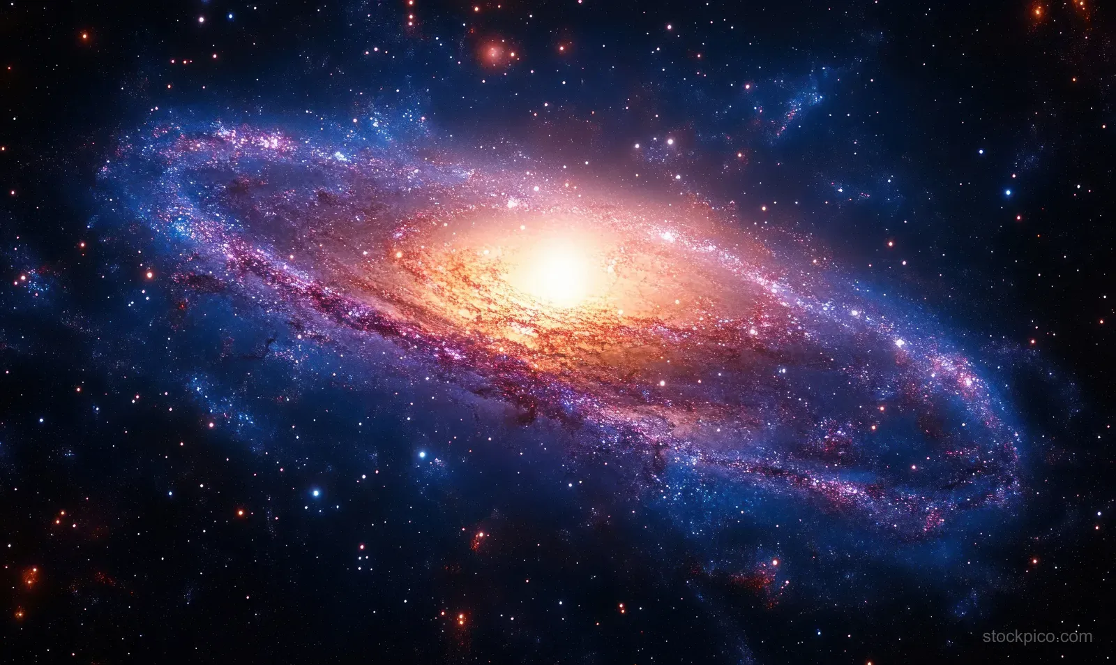 A bright spiral galaxy with glowing core and colorful starry arms surrounded by cosmic dust in deep space.