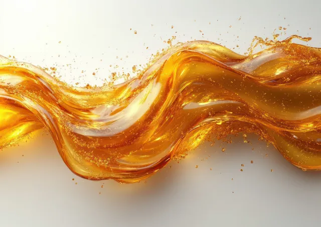 Golden oily liquid wave splash with droplets flowing across clean white background