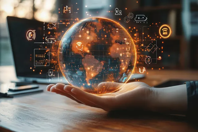 Hands holding a holographic AI-powered global network globe with 5G IoT interface