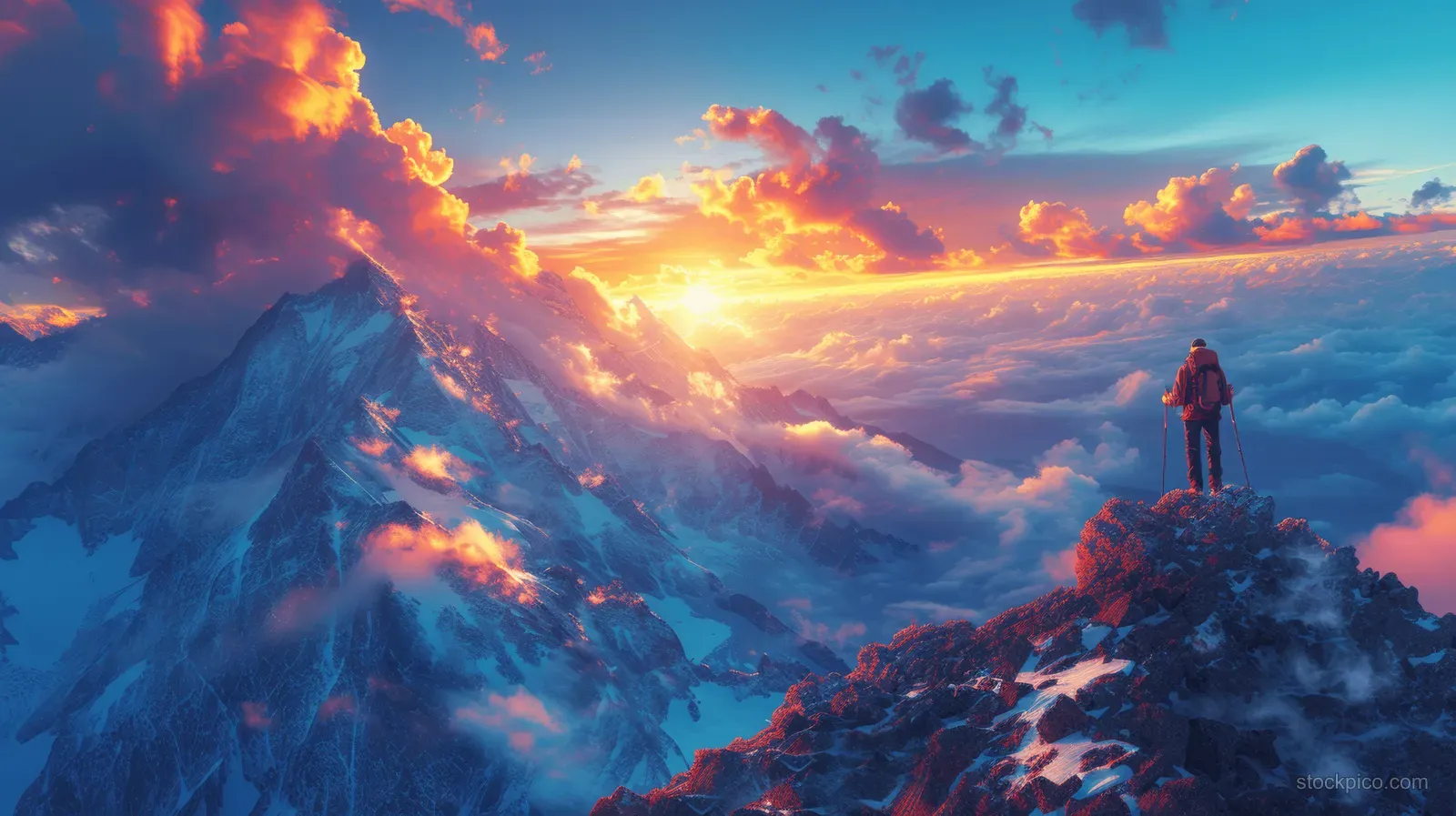 A hiking couple high-fives on a rocky mountain summit as sunset colors the snowy peaks.