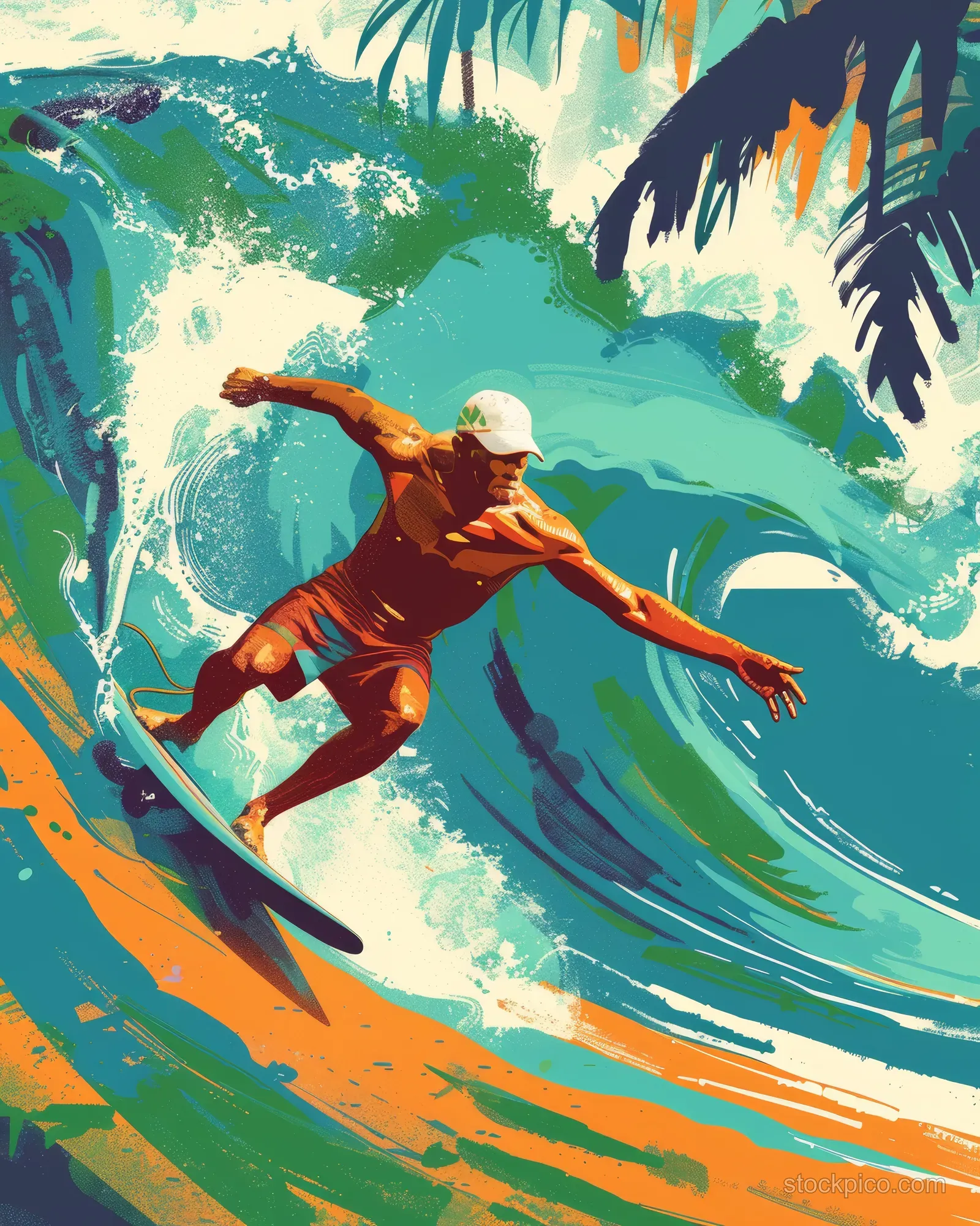 Surfer carving a turquoise wave under vivid palm leaves with energetic spray and colorful ocean tones.