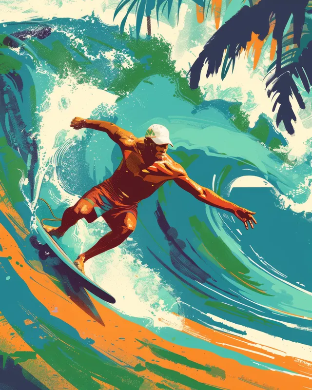 Surfer carving a turquoise wave under vivid palm leaves with energetic spray and colorful ocean tones.