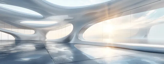Empty futuristic interior with curved white architecture, large glass openings, and a reflective concrete floor.