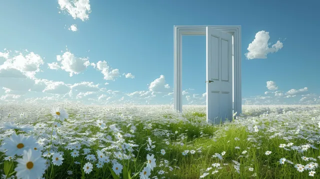 An open white door stands in a field of white flowers under a blue sky.