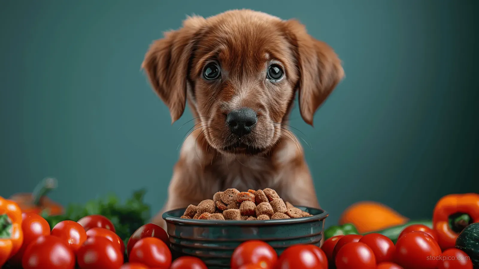 Labrador puppy eats organic dog food from a dark bowl with visible vegetable pieces on a green studio background.