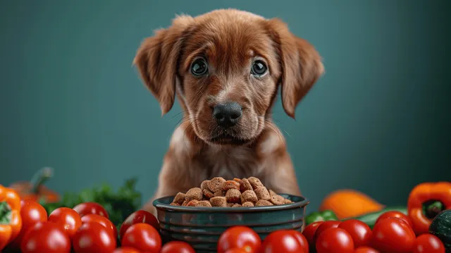 Labrador puppy eats organic dog food from a dark bowl with visible vegetable pieces on a green studio background.