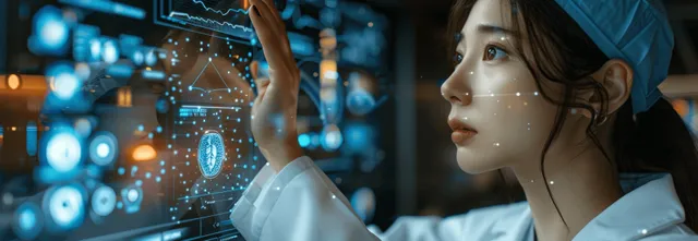 Futuristic hospital AI dashboard as a doctor in lab coat studies glowing holograms