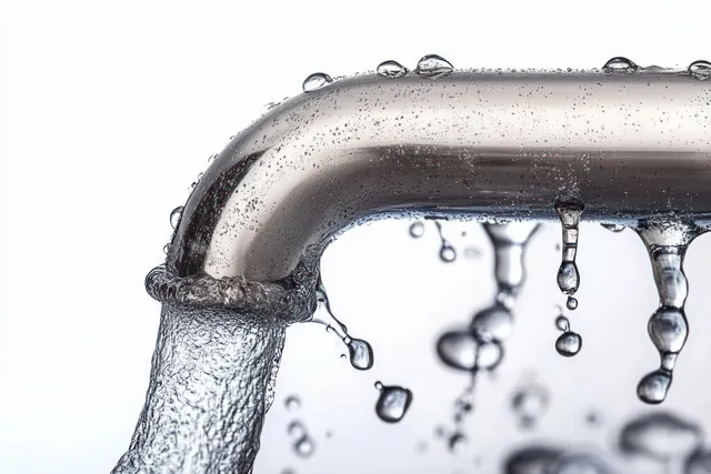 Chrome faucet releases a stream of clear water with droplets suspended midair against a white background.