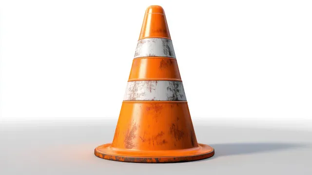 Worn orange traffic cone with white reflective stripes standing on light gray ground, casting a sharp shadow.