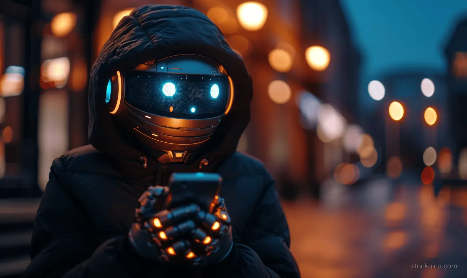 A child in a glowing helmet holds a smartphone showing an AI chatbot interface in a neon-lit street.