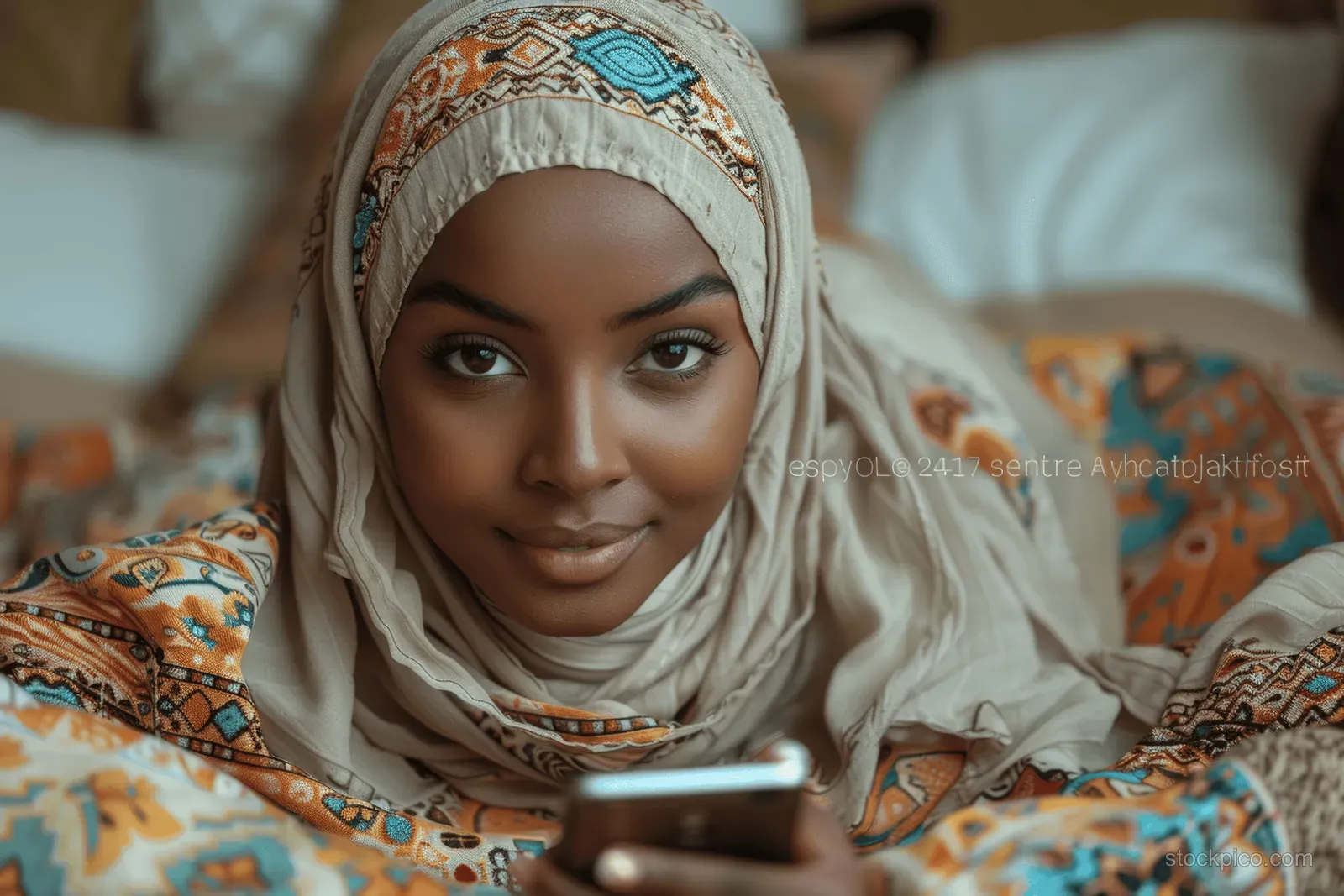 Young woman in a patterned hijab lies on a bed and smiles while using a smartphone.